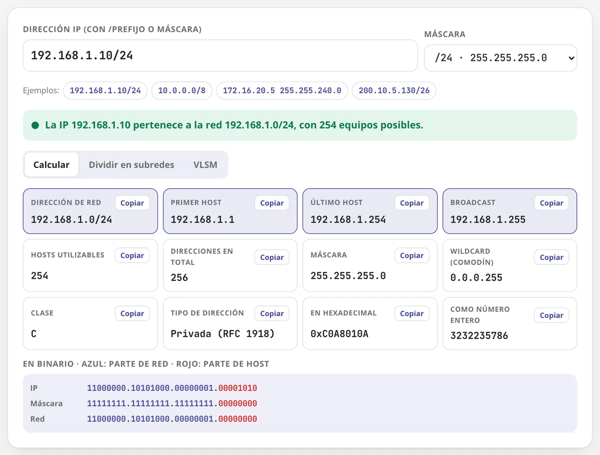 Calculadora de subredes en uso: la red, el rango de equipos y la máscara de 192.168.1.10/24