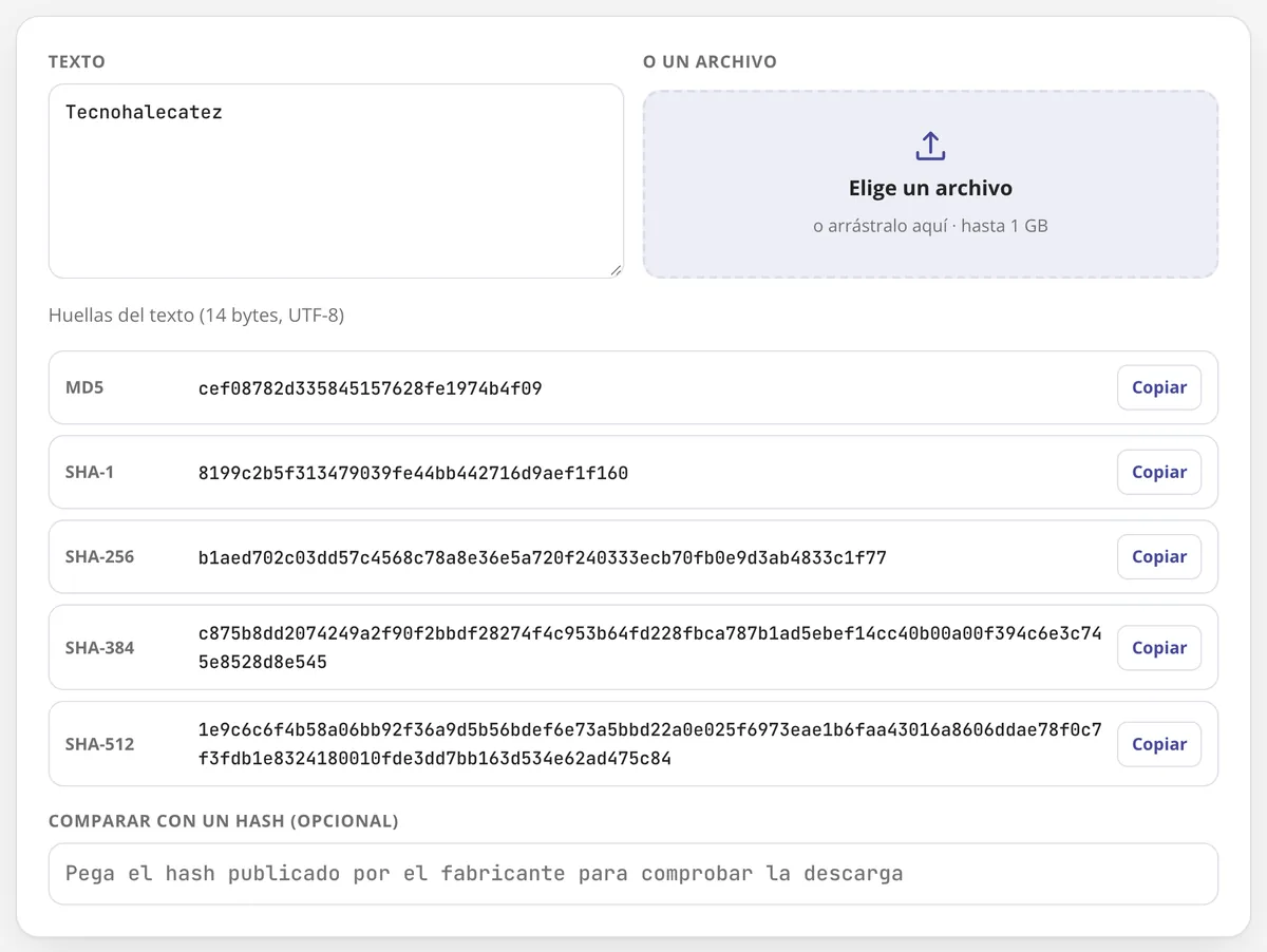 Calcular hash en uso: las huellas MD5, SHA-1 y SHA-256 de un texto