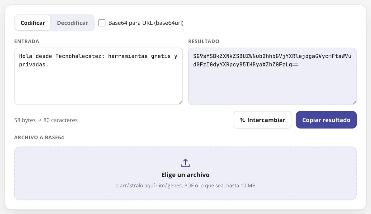 Codificar Base64 en uso: un texto codificado en Base64 al instante