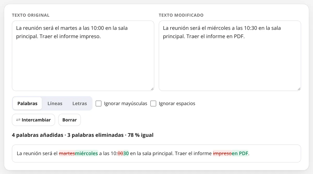 Comparar textos en uso: las palabras añadidas y eliminadas entre dos versiones de un texto