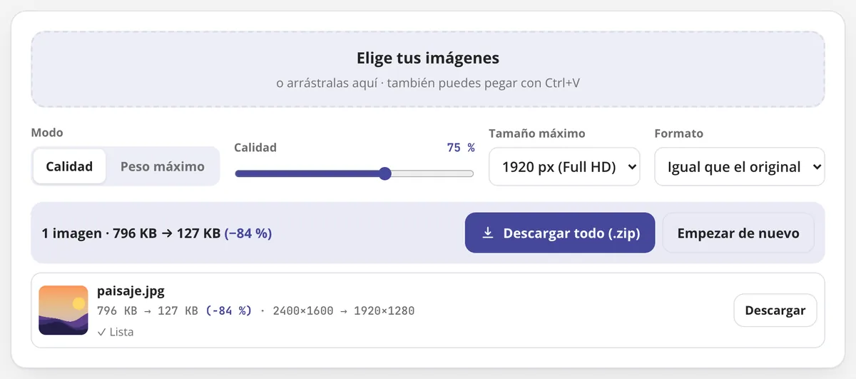 Comprimir imagen en uso: una foto de 796 KB queda en 127 KB (−84 %) sin cambiar cómo se ve