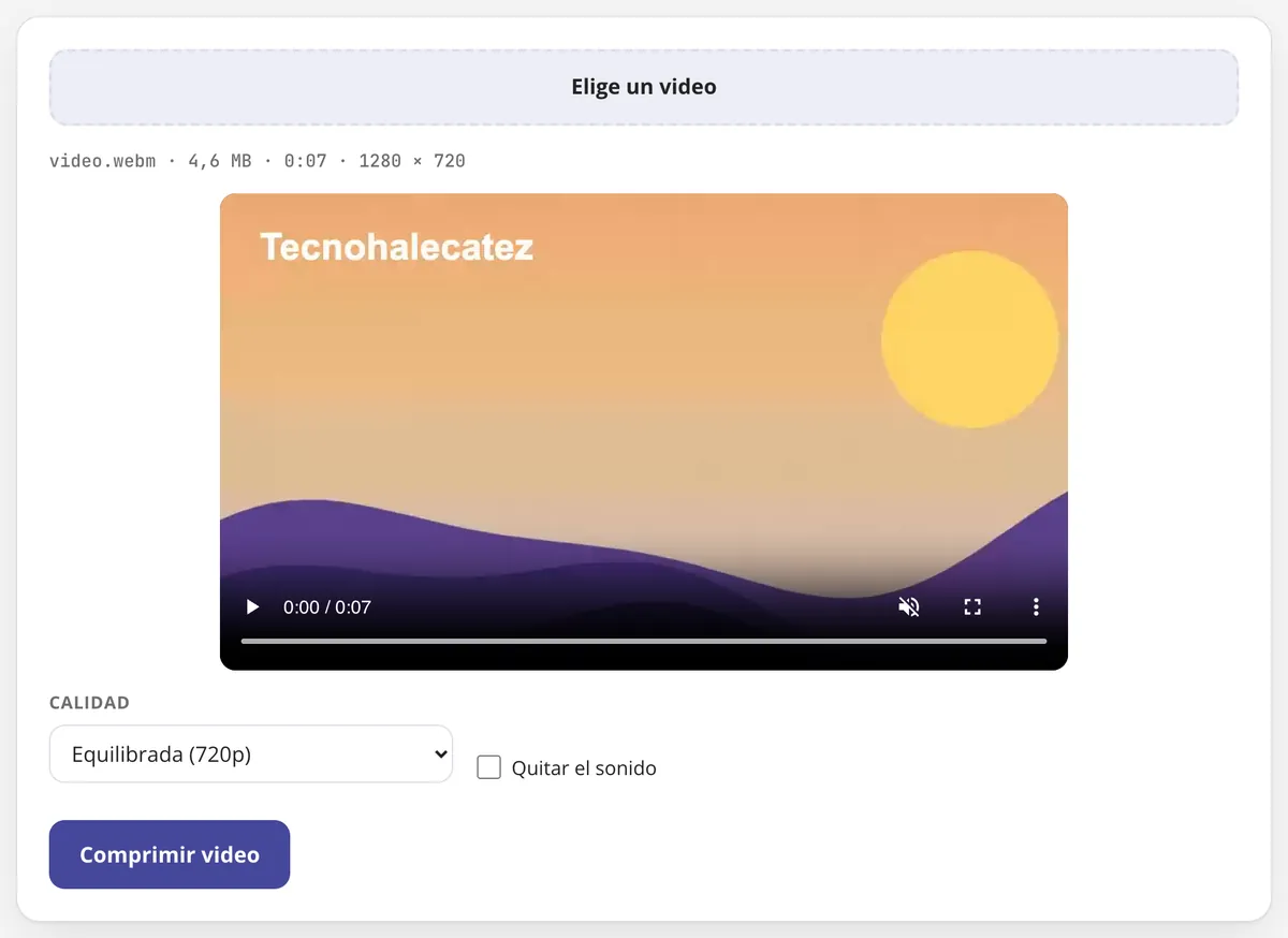Comprimir video en uso: un video cargado con la calidad elegida para comprimirlo