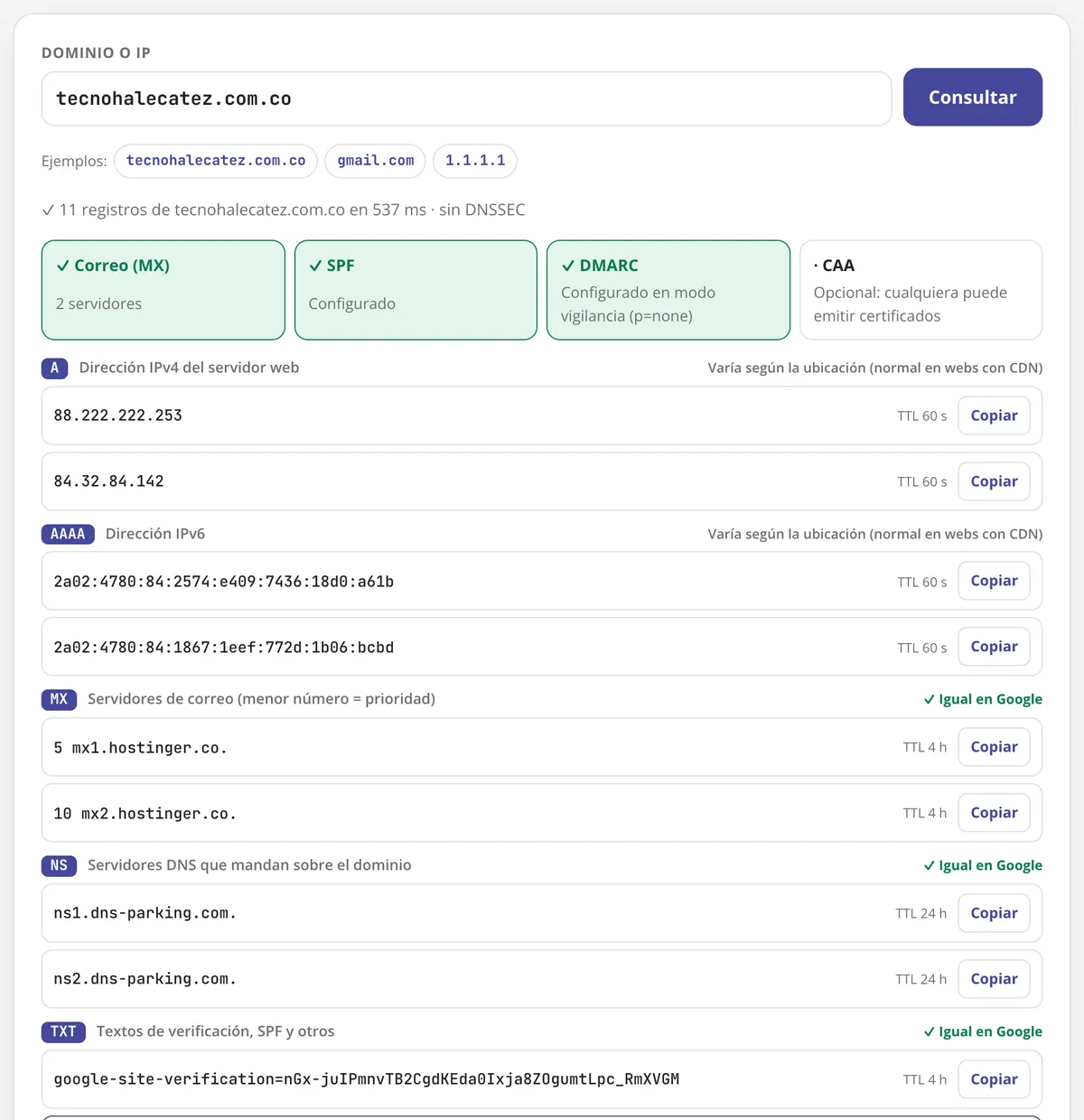 Consultar DNS en uso: los registros A, AAAA, MX y de correo de un dominio