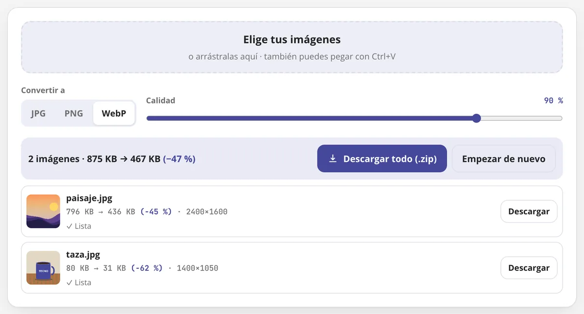 Convertir imagen en uso: dos imágenes convertidas a WebP de una vez, con el ahorro de cada una