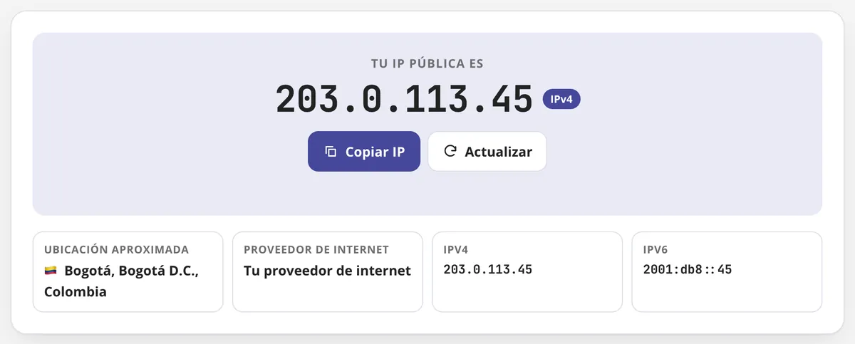 ¿Cuál es mi IP? en uso: la IP pública, la ubicación aproximada y el proveedor (datos de ejemplo)