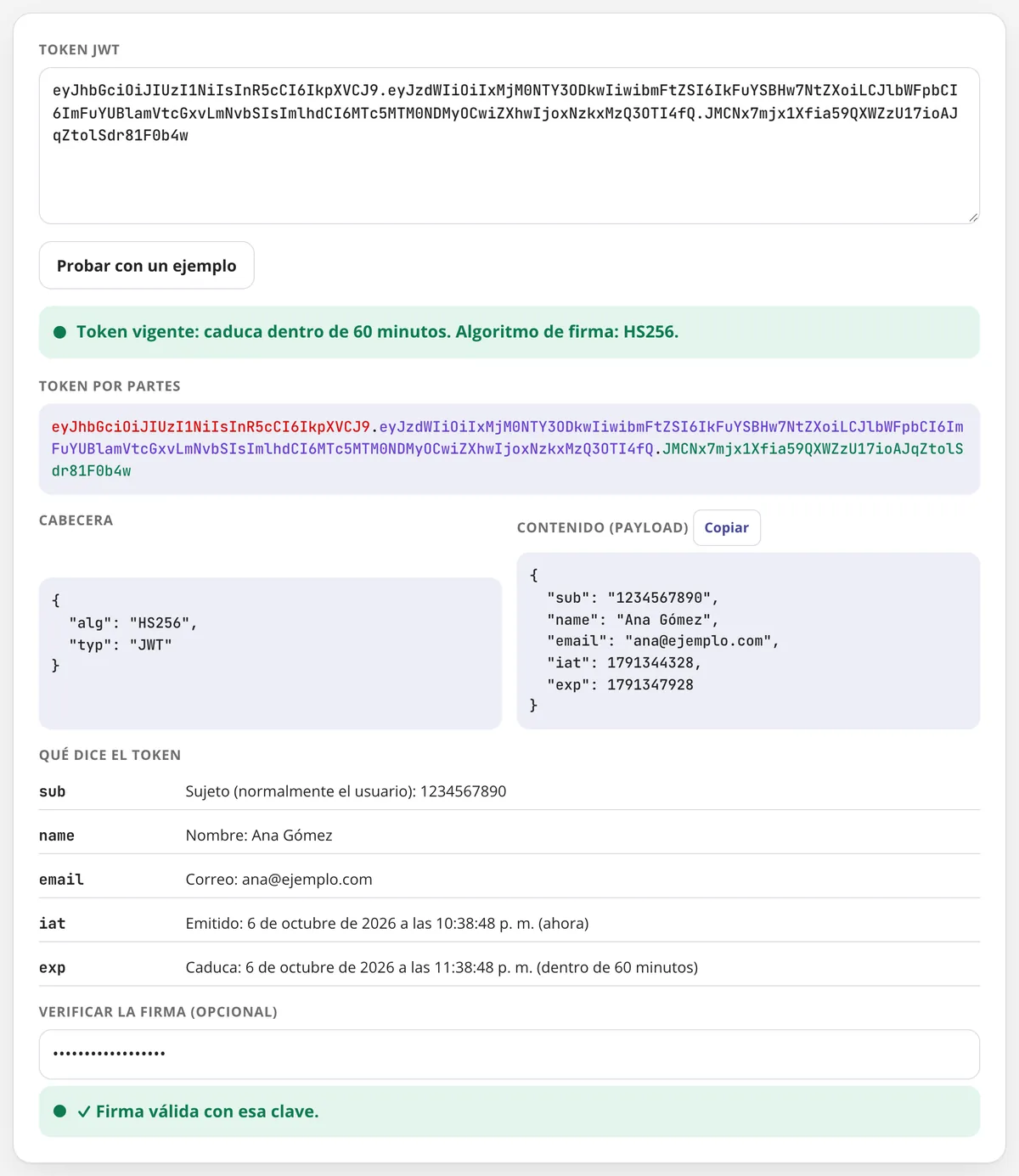 Decodificar JWT en uso: un token JWT separado en cabecera y contenido, con su fecha de caducidad
