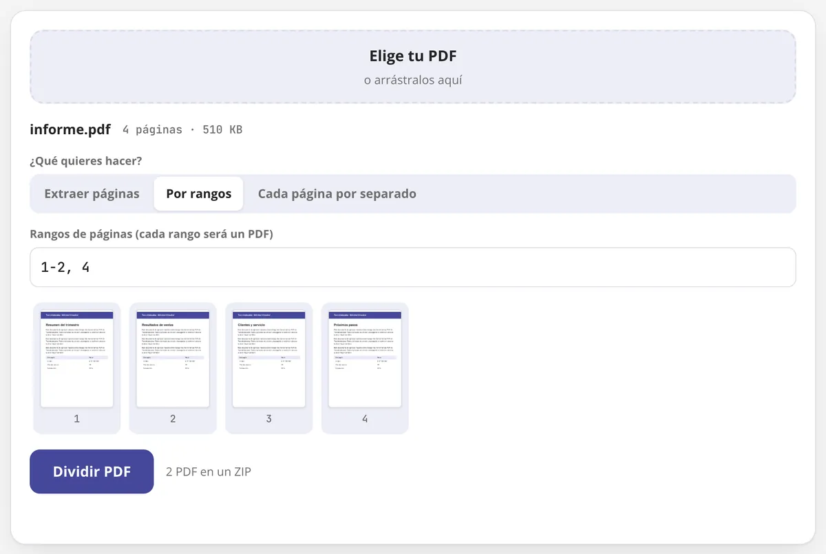 Dividir PDF en uso: un PDF de 4 páginas dividido por rangos (1-2 y 4)
