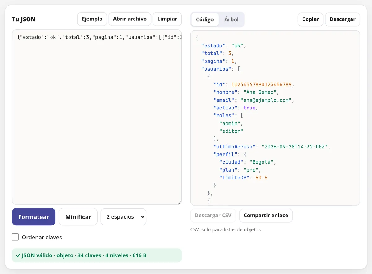Formatear JSON en uso: un JSON ordenado y validado, listo para copiar