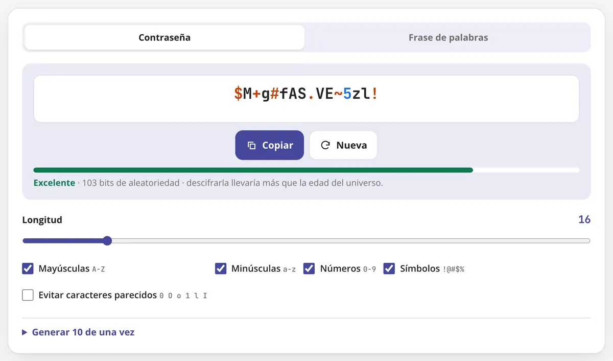 Generador de contraseñas en uso: una contraseña de 16 caracteres con su nivel de seguridad
