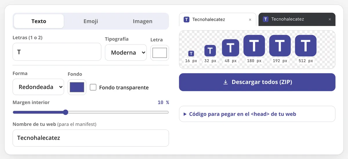 Generador de favicon en uso: los iconos de una web en todos los tamaños, con vista previa en la pestaña del navegador