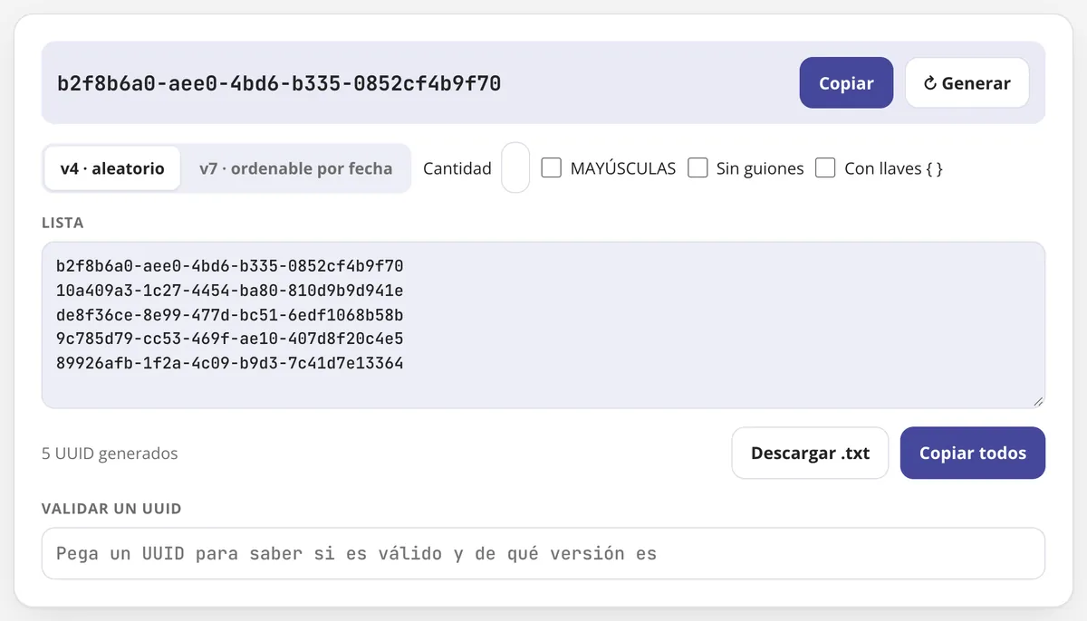 Generador de UUID en uso: 5 identificadores UUID generados de una vez