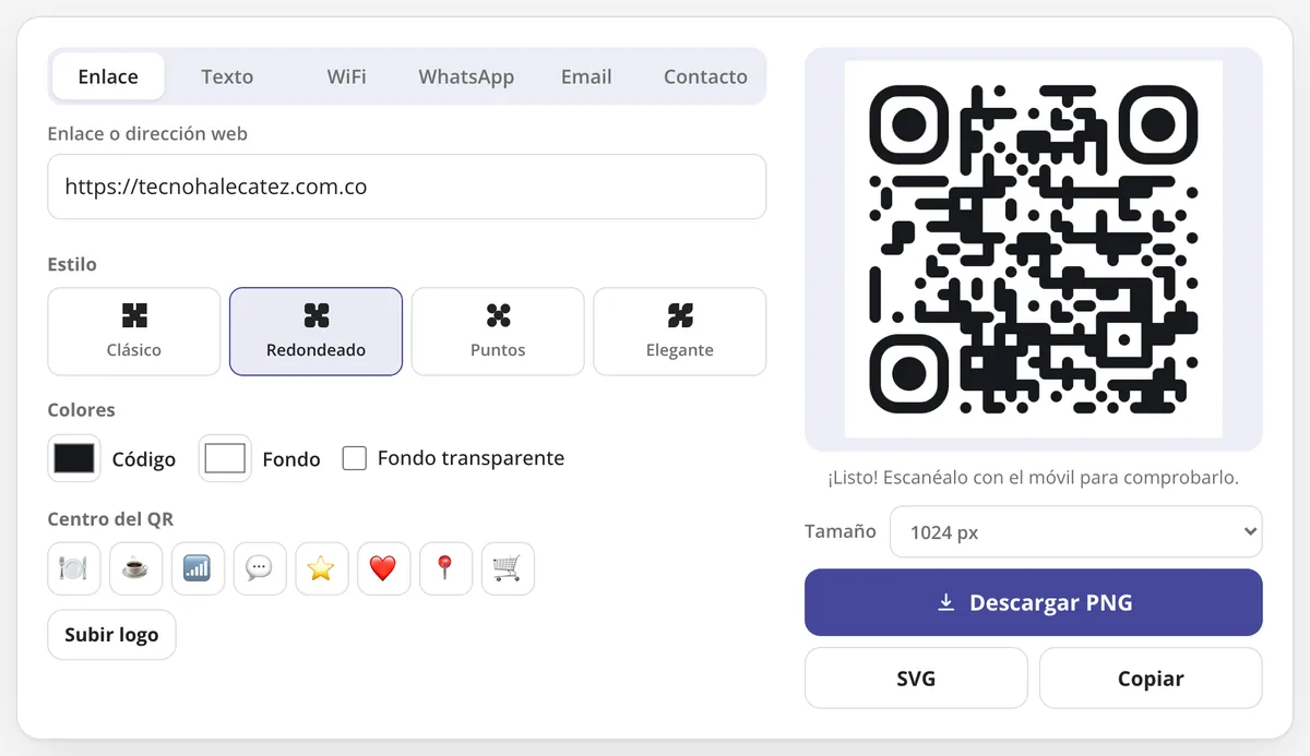 Generador de QR en uso: un código QR redondeado para un enlace, listo para descargar en PNG o SVG