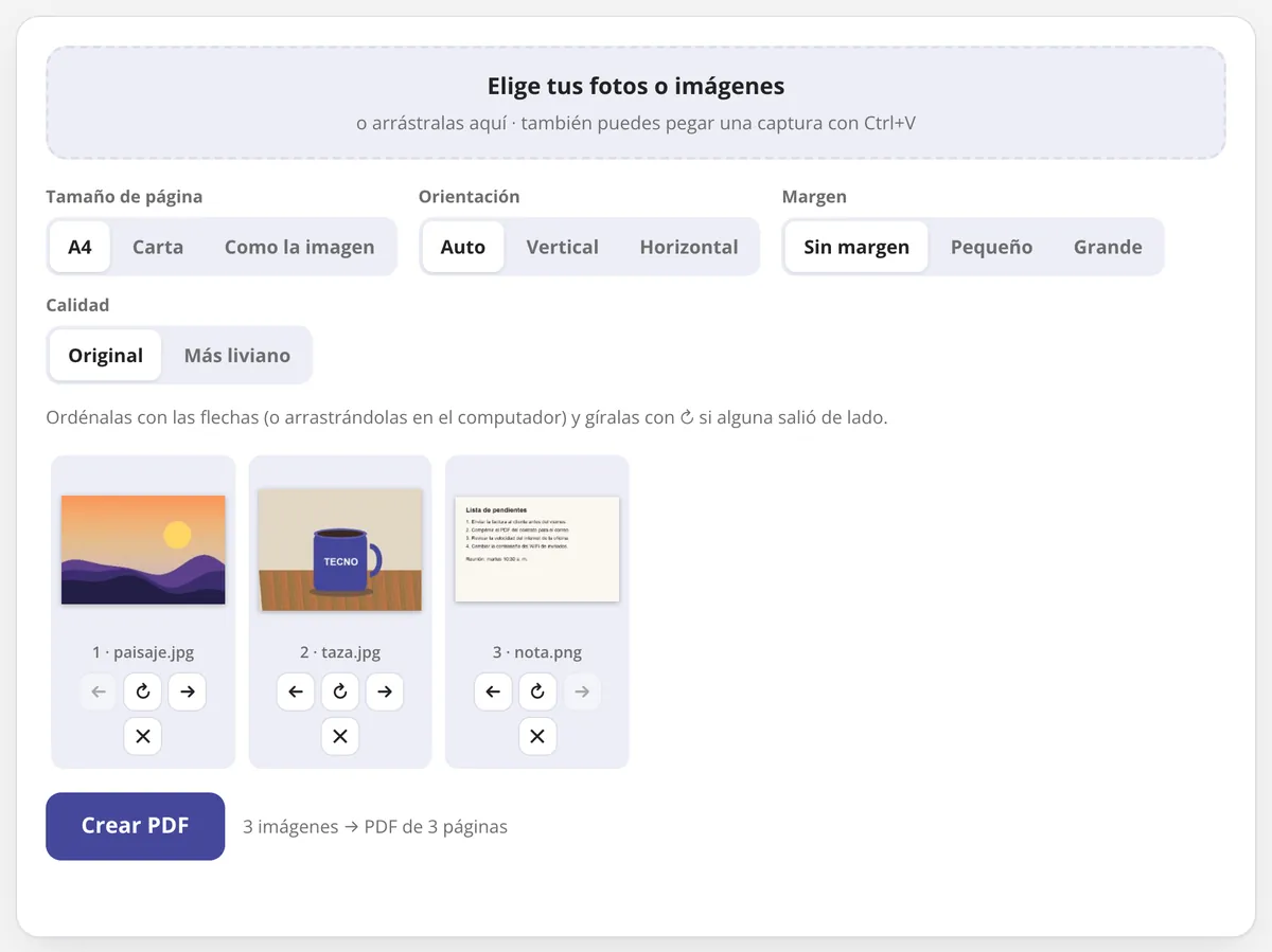 JPG a PDF en uso: tres imágenes ordenadas para crear un PDF en tamaño A4