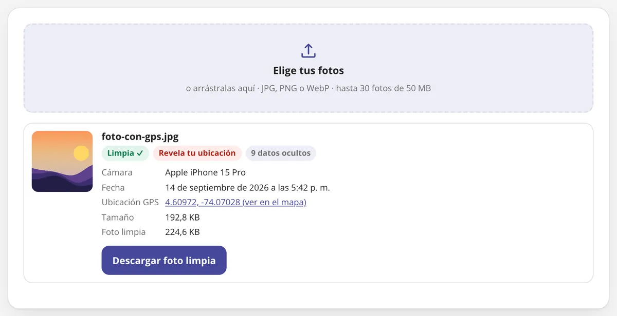Limpiar metadatos de fotos en uso: los datos ocultos de una foto (cámara, fecha y GPS) antes de limpiarla