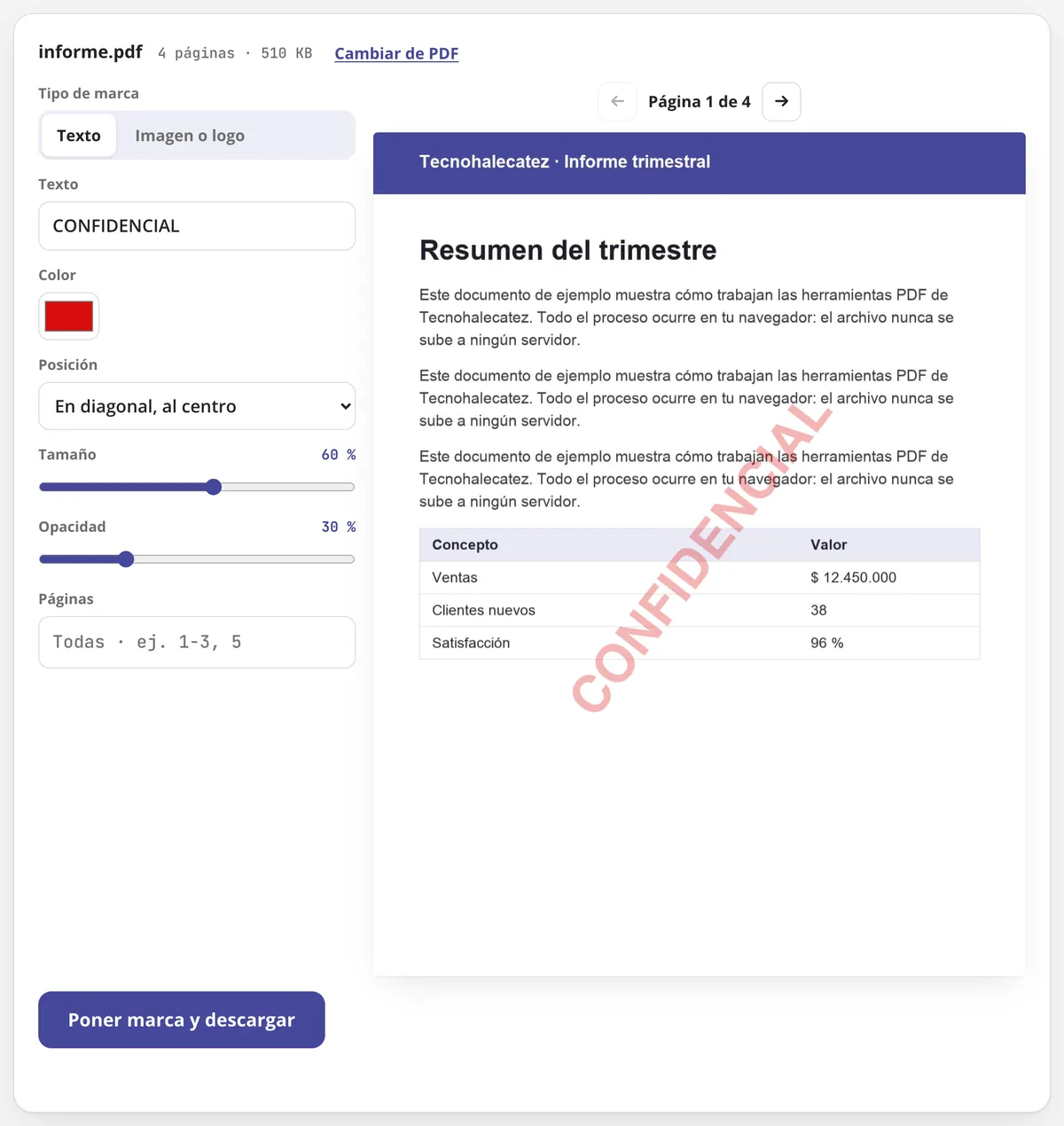 Marca de agua en PDF en uso: la marca «CONFIDENCIAL» en diagonal sobre una página