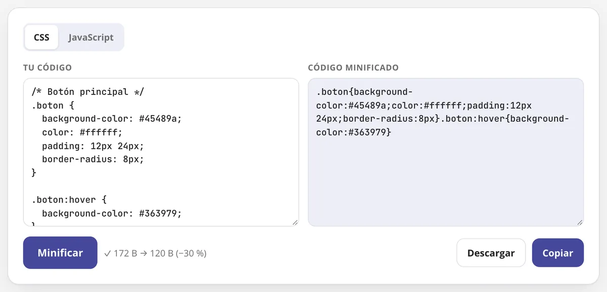 Minificar CSS y JS en uso: un CSS minificado un 30 % más liviano