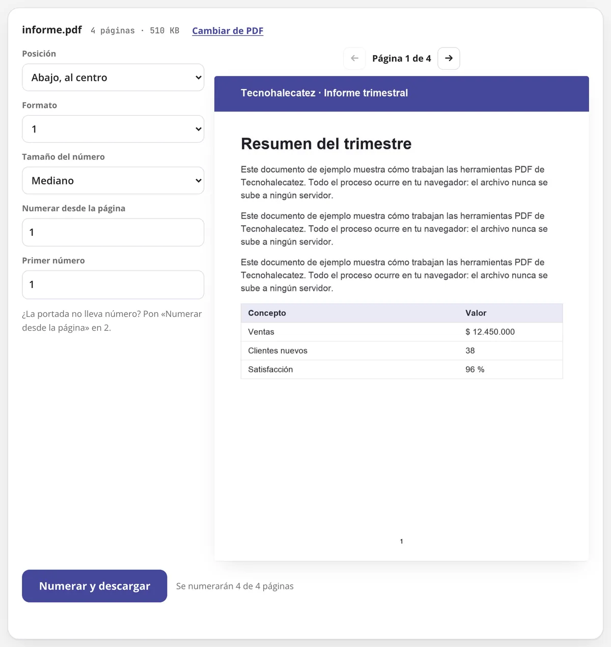 Numerar páginas PDF en uso: la vista previa del número de página abajo al centro