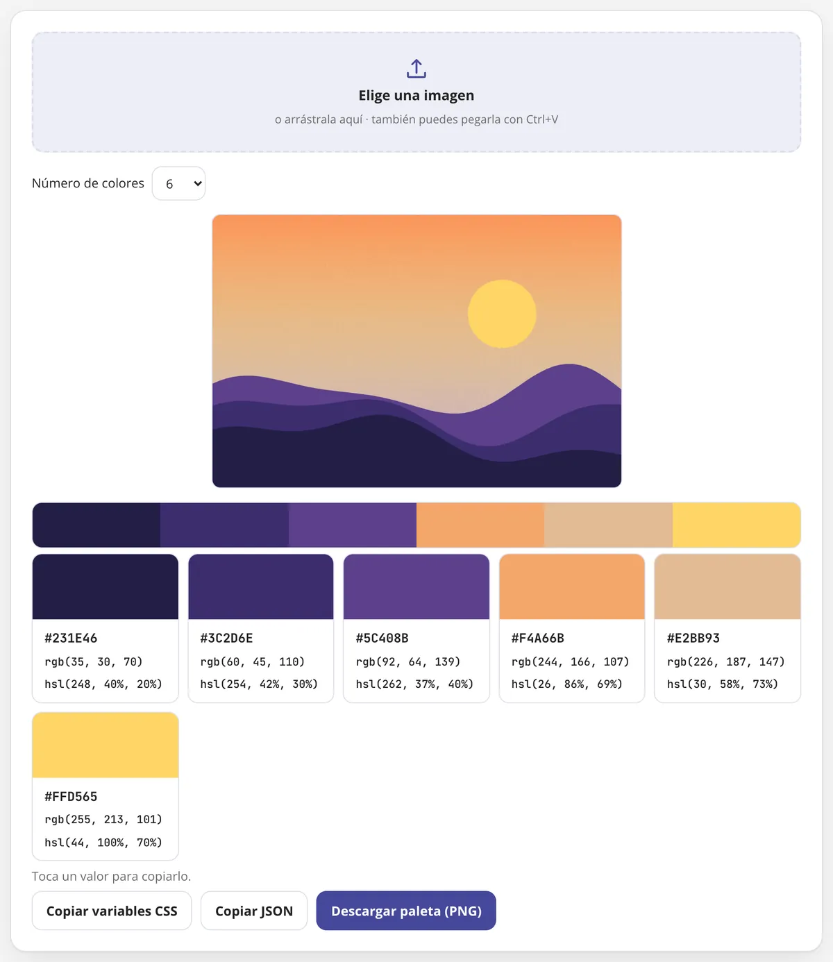 Paleta de colores en uso: los 6 colores principales de una foto con sus códigos HEX, RGB y HSL