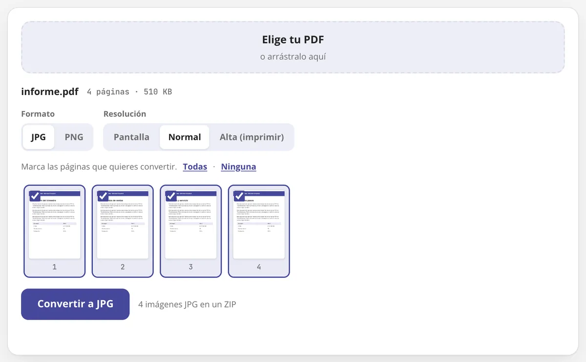PDF a JPG en uso: las 4 páginas de un PDF elegidas para convertirlas en JPG