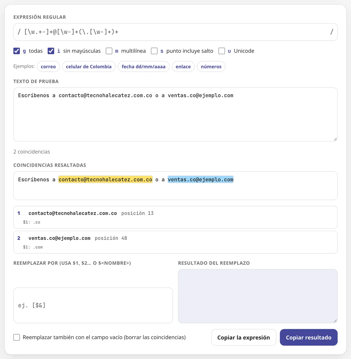 Probador de regex en uso: una expresión regular encontrando los correos de un texto