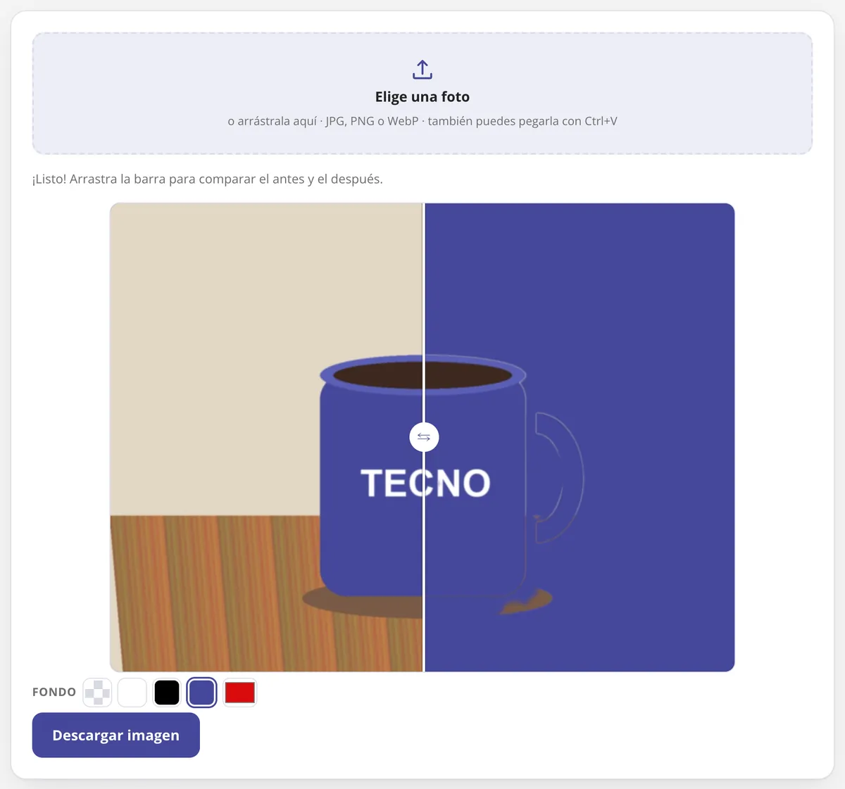 Quitar fondo de imagen en uso: una taza con el fondo quitado y cambiado por un color, con la barra de antes y después