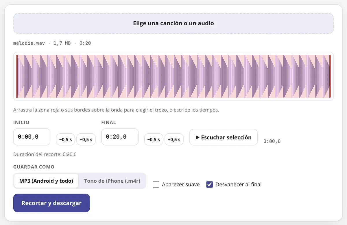 Recortar audio en uso: la onda de una canción con el trozo elegido para recortar