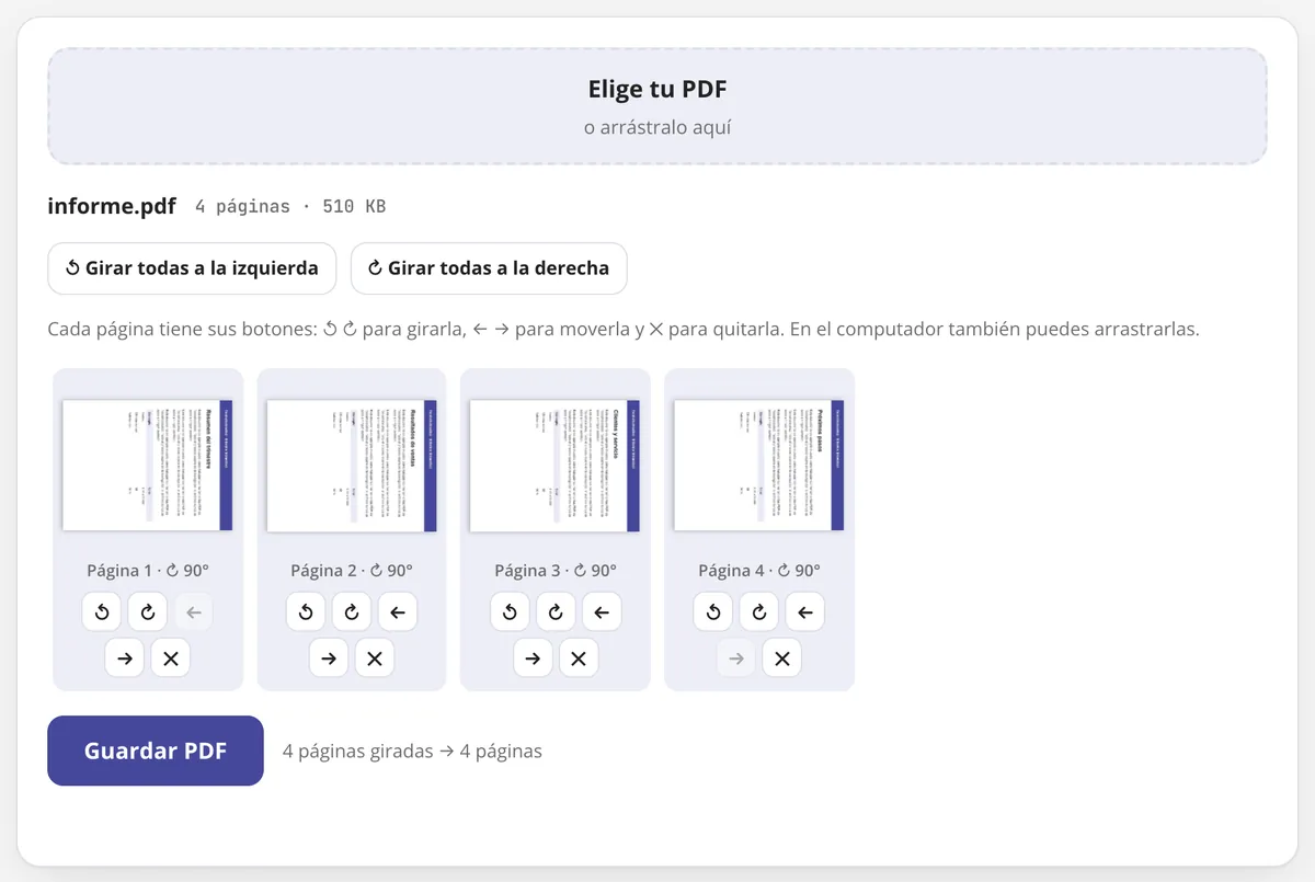 Rotar y ordenar PDF en uso: las páginas de un PDF giradas, listas para guardar