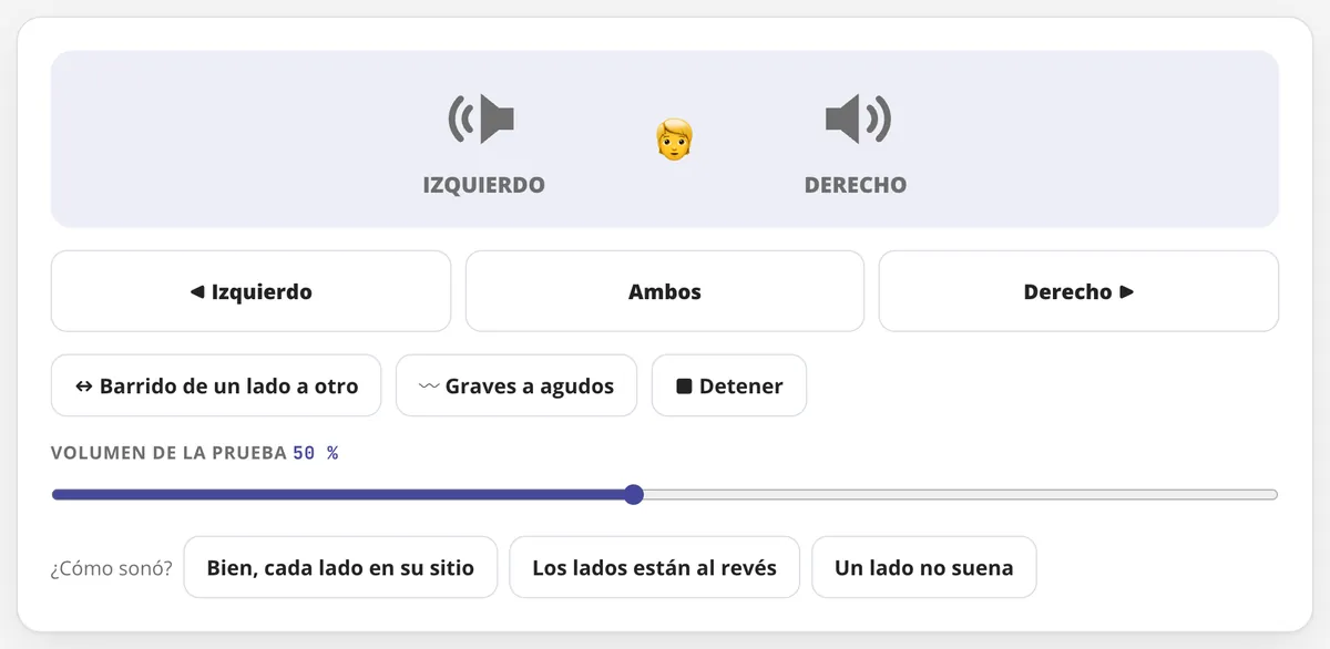 Test de altavoces en uso: la prueba del altavoz izquierdo, derecho y de graves a agudos