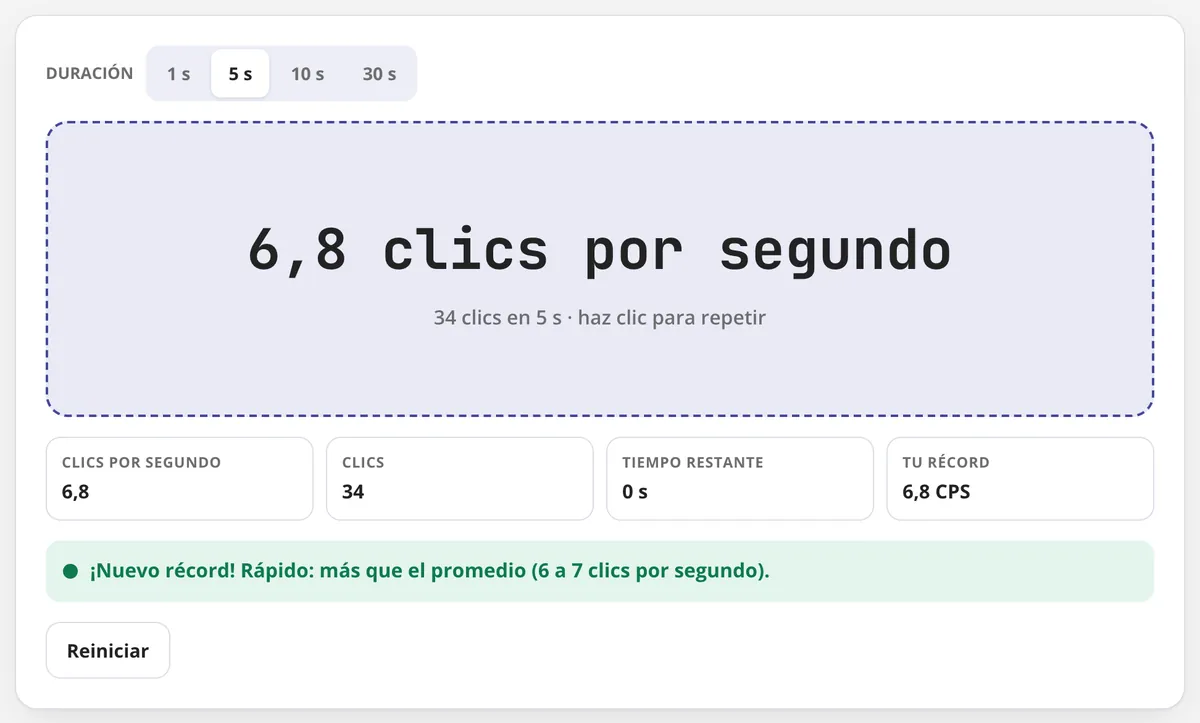 Test de clics por segundo en uso: un resultado de 6,8 clics por segundo en 5 segundos
