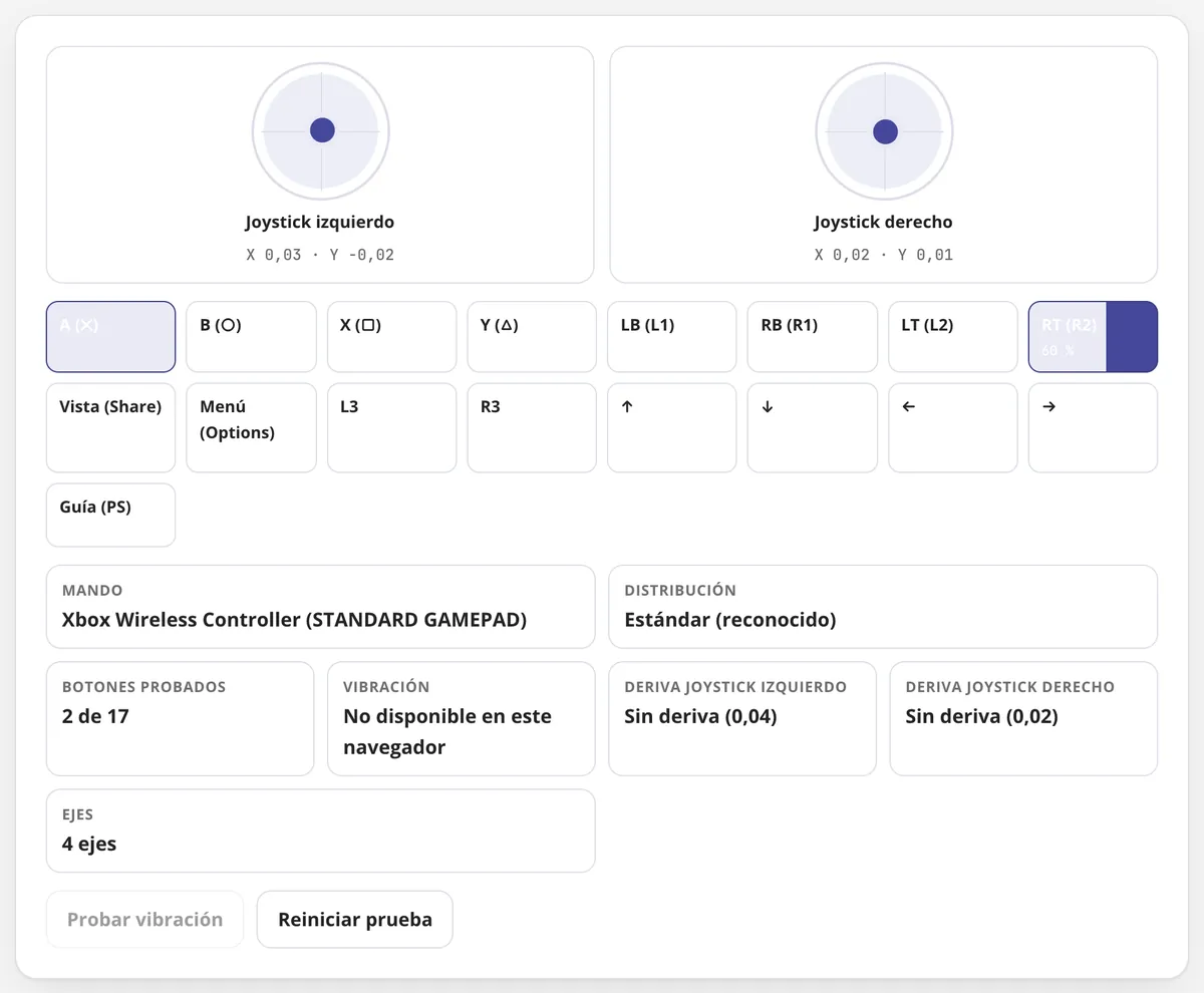 Test de mando en uso: un mando conectado con sus botones, gatillos y joysticks