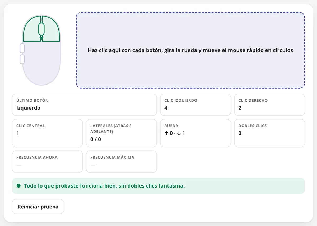 Test de mouse en uso: los clics izquierdo, derecho y central y la rueda del mouse comprobados