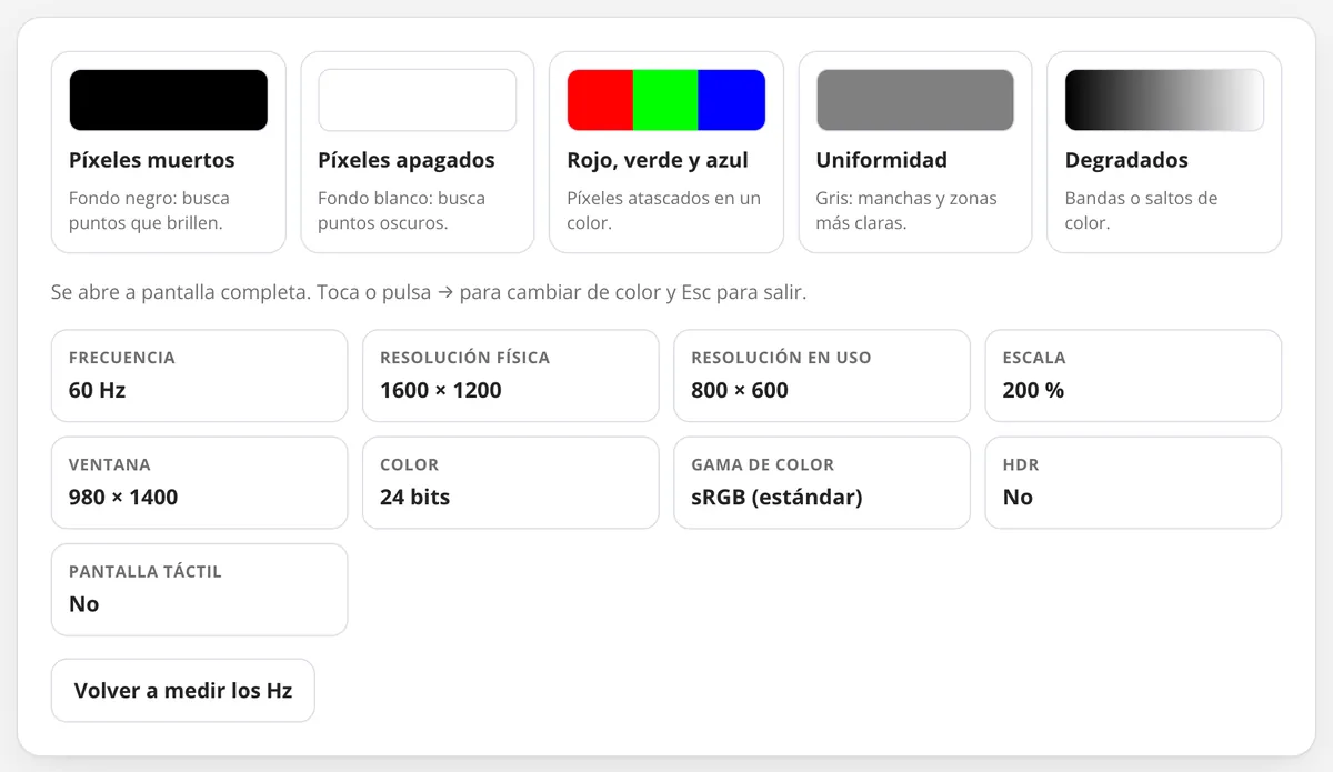 Test de pantalla en uso: las pruebas de píxeles y la frecuencia y resolución de la pantalla