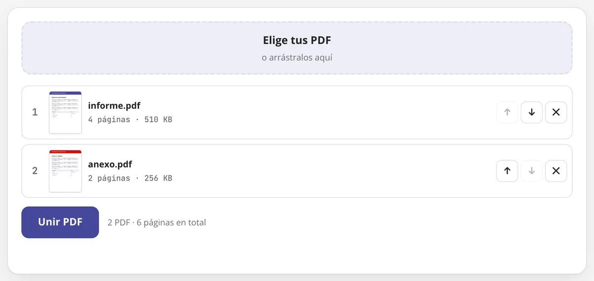 Unir PDF en uso: dos PDF listos para unirse en uno, con su orden y número de páginas