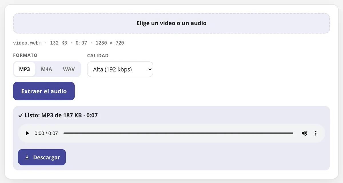 Video a MP3 en uso: el audio de un video extraído en MP3 y listo para escuchar o descargar